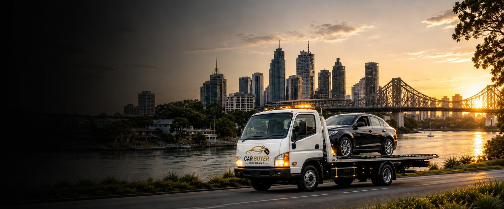 Brisbane Story Bridge sunset skyline with tow truck collecting a vehicle