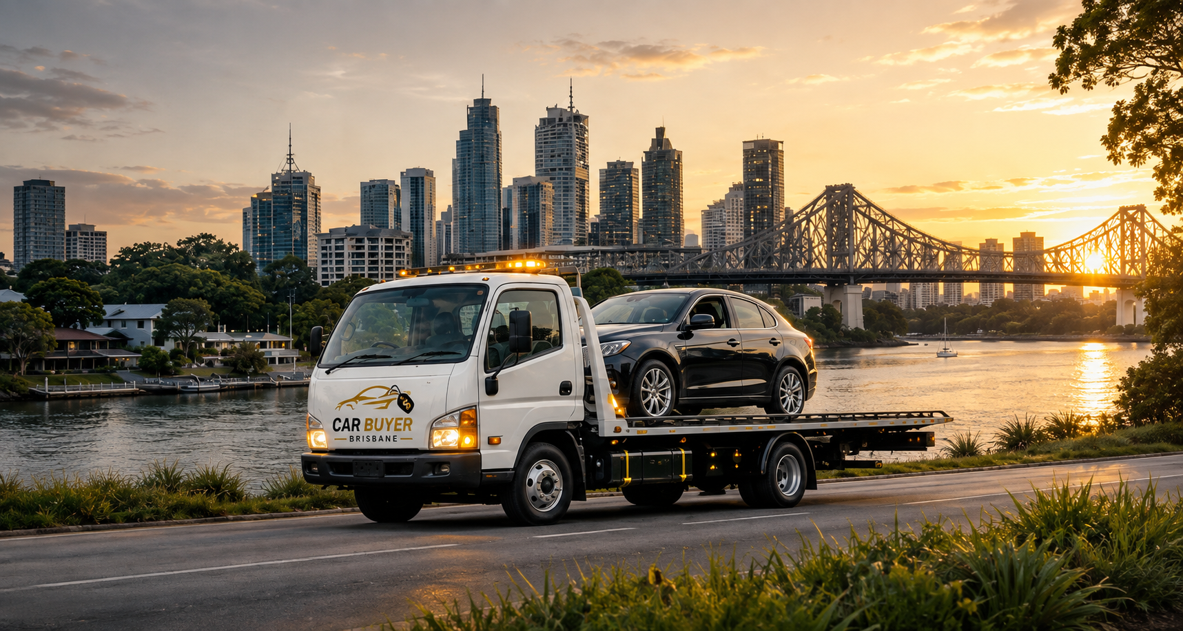 Brisbane Story Bridge sunset skyline with tow truck collecting a vehicle
